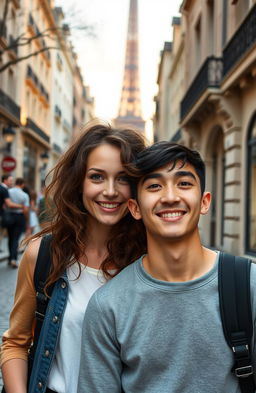 A young woman with fair skin, messy curly brown hair, and striking green eyes, standing beside a young man with fair skin and Asian features, both in a beautiful Paris setting