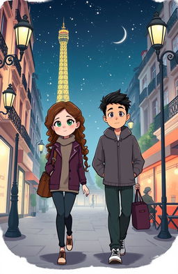A stylized cartoon drawing featuring a medium-height girl with fair skin, long curly brown hair, and green eyes, walking alongside a fair-skinned Asian boy with no beard and gray eyes