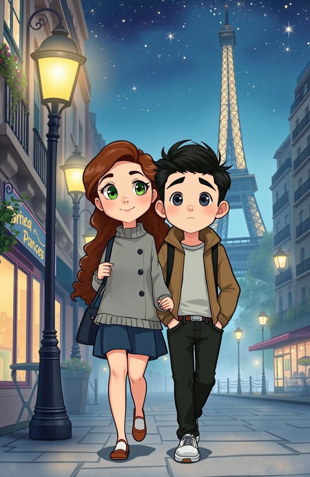 A stylized cartoon drawing featuring a medium-height girl with fair skin, long curly brown hair, and green eyes, walking alongside a fair-skinned Asian boy with no beard and gray eyes