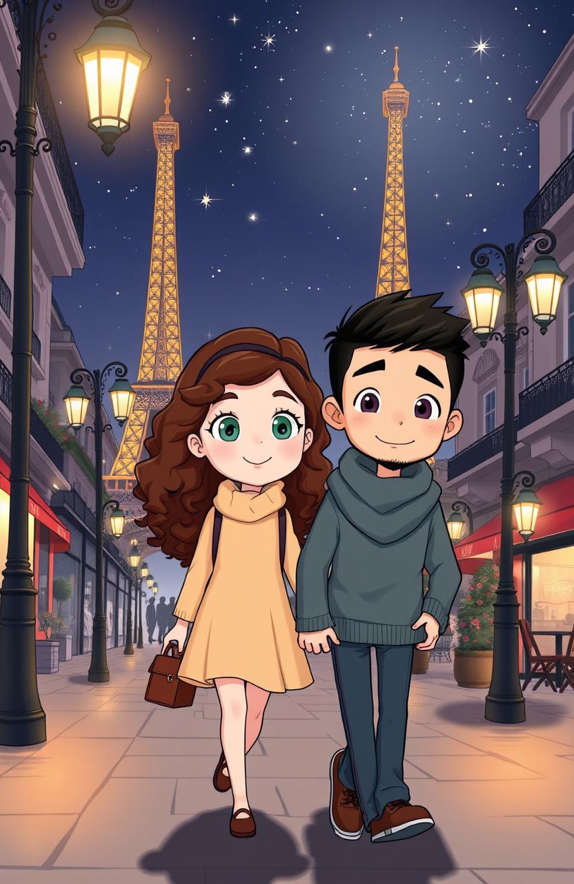 A stylized cartoon drawing featuring a medium-height girl with fair skin, long curly brown hair, and green eyes, walking alongside a fair-skinned Asian boy with no beard and gray eyes