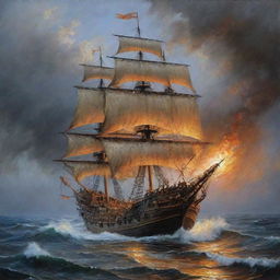 Una pintura al óleo, hacer un galeón Español de madera altamente detallado, con sus filas de cañones en los laterales, con varias velas desplegadas en un mar picado, tormentoso y dramático, con cielo lluviosos y con rayos, relámpagos