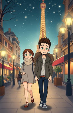 A stylized cartoon drawing featuring a medium-height girl with fair skin, long curly brown hair, and green eyes, walking alongside a fair-skinned Asian boy with no beard and gray eyes