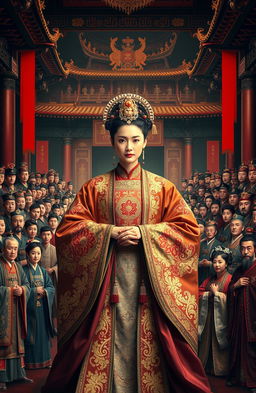 A grand and majestic scene depicting an ancient Chinese royal consort at the center, dominating the composition amidst a backdrop of a luxurious imperial palace adorned in dark black, reddish, and gold tones, exuding an aura of royalty