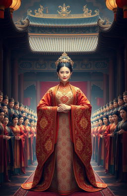 A grand and majestic scene depicting an ancient Chinese royal consort at the center, dominating the composition amidst a backdrop of a luxurious imperial palace adorned in dark black, reddish, and gold tones, exuding an aura of royalty