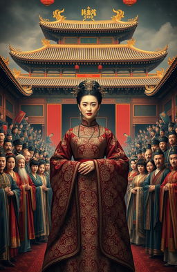 A grand and majestic scene depicting an ancient Chinese royal consort at the center, dominating the composition amidst a backdrop of a luxurious imperial palace adorned in dark black, reddish, and gold tones, exuding an aura of royalty