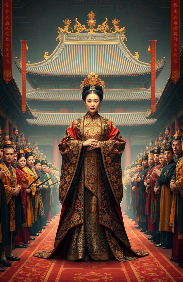 A grand and majestic scene depicting an ancient Chinese royal consort at the center, dominating the composition amidst a backdrop of a luxurious imperial palace adorned in dark black, reddish, and gold tones, exuding an aura of royalty