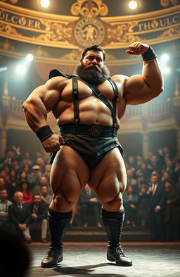 A powerful and imposing figure representing Louis Cyr, the strongest man in the world, captured in a dynamic and visually striking pose
