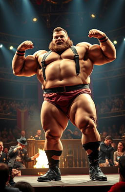 A powerful and imposing figure representing Louis Cyr, the strongest man in the world, captured in a dynamic and visually striking pose