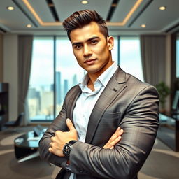 A handsome young CEO of Central Asian descent with a muscular build and fair skin