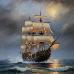 Una pintura al óleo, hacer un galeón Español de madera altamente detallado, con sus filas de cañones en los laterales, con varias velas desplegadas en un mar picado, tormentoso y dramático, con cielo lluviosos y con rayos, relámpagos