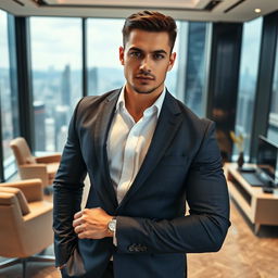 A handsome young CEO of Central Asian descent with a muscular build and fair skin