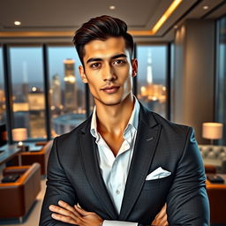 A handsome young CEO of Central Asian descent with a muscular build and fair skin