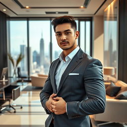 A handsome young CEO of Central Asian descent with a muscular build and fair skin