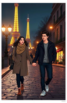 A romantic scene in Paris at night, featuring a couple in love walking hand in hand along cobblestone streets