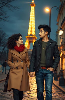 A romantic scene in Paris at night, featuring a couple in love walking hand in hand along cobblestone streets