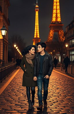 A romantic scene in Paris at night, featuring a couple in love walking hand in hand along cobblestone streets