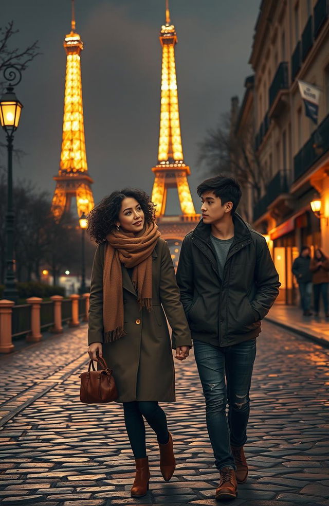 A romantic scene in Paris at night, featuring a couple in love walking hand in hand along cobblestone streets