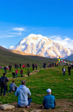 A stunning travelogue scene of the holy Mount Kailash, featuring its majestic snow-capped peaks under a bright blue sky