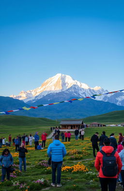 A stunning travelogue scene of the holy Mount Kailash, featuring its majestic snow-capped peaks under a bright blue sky