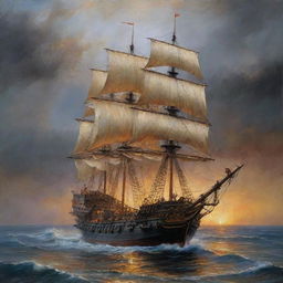 Una pintura al óleo, hacer un galeón Español de madera altamente detallado, con sus filas de cañones en los laterales, con varias velas desplegadas en un mar picado, tormentoso y dramático, con cielo lluviosos y con rayos, relámpagos