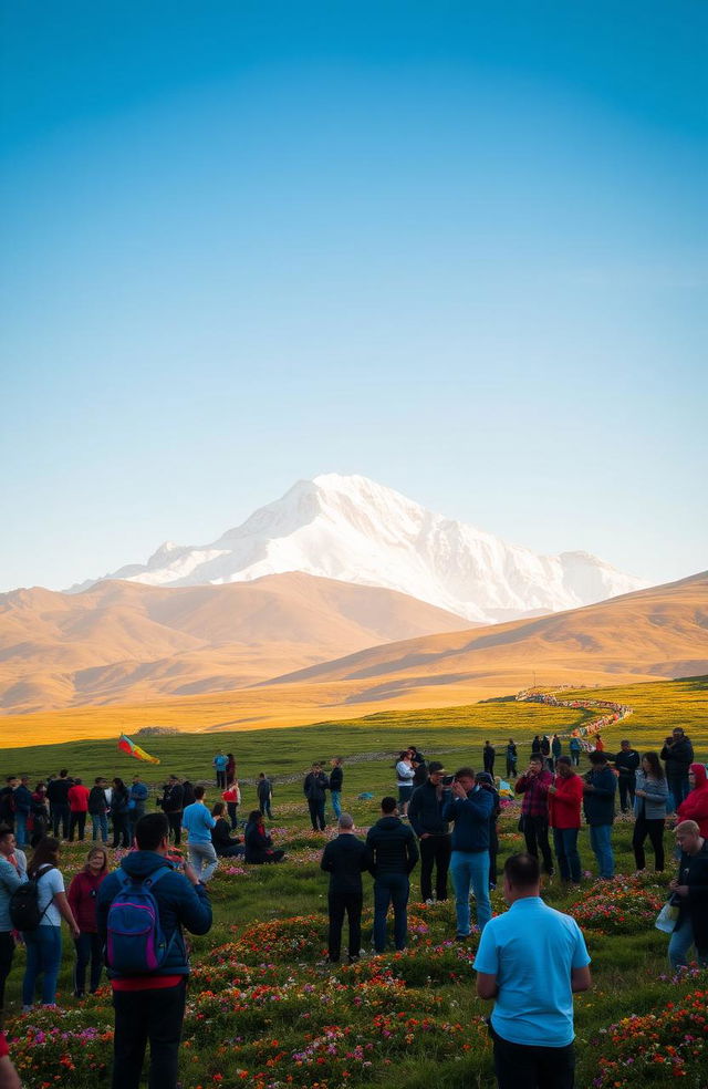 A stunning travelogue scene of the holy Mount Kailash, featuring its majestic snow-capped peaks under a bright blue sky