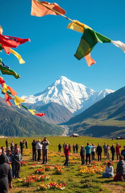A stunning travelogue scene of the holy Mount Kailash, featuring its majestic snow-capped peaks under a bright blue sky