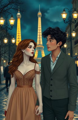 Two lovers in Paris walking in a romantic nighttime atmosphere