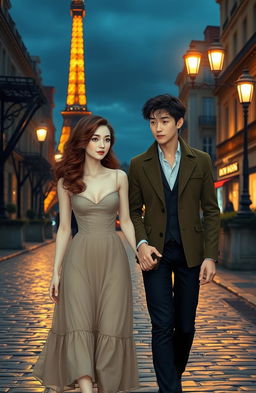 Two lovers in Paris walking in a romantic nighttime atmosphere