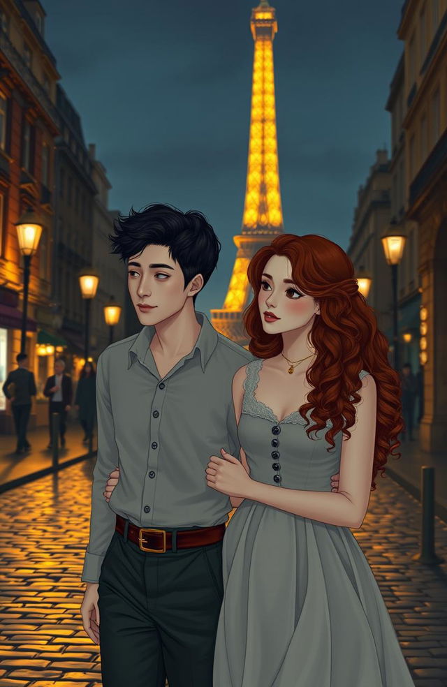 Two lovers in Paris walking in a romantic nighttime atmosphere