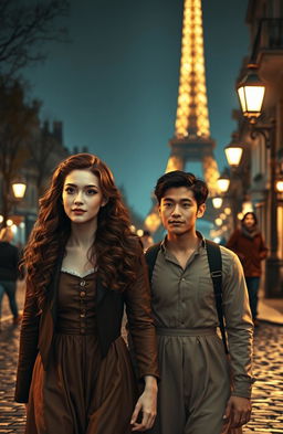 Two lovers in Paris walking in a romantic nighttime atmosphere