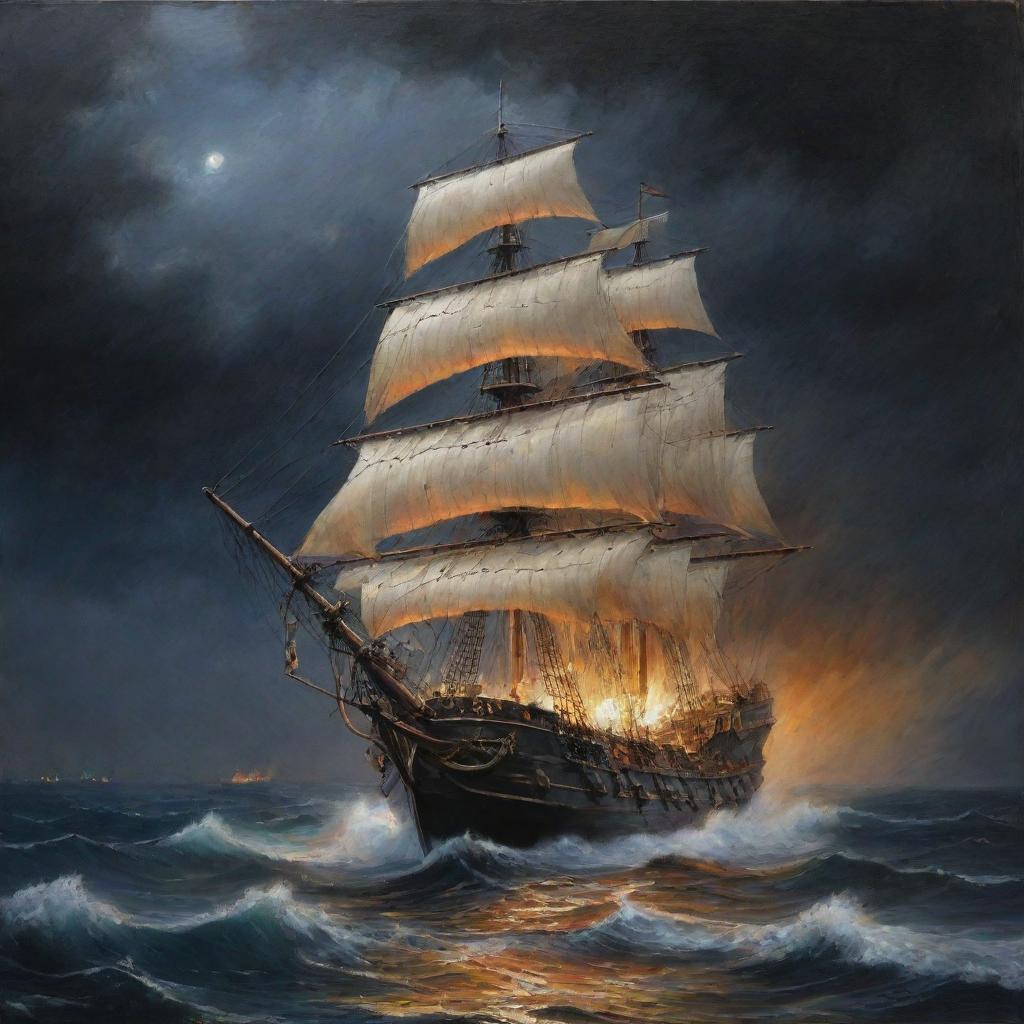 Una pintura al óleo, hacer un galeón Español de madera altamente detallado, con sus filas de cañones en los laterales, con varias velas desplegadas en un mar picado, tormentoso y dramático, con cielo nocturno y lluviosos, con rayos, relámpagos