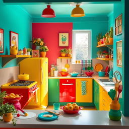 A vibrant and colorful kitchen scene featuring a diverse palette of colors including bright reds, sunny yellows, deep blues, and lush greens