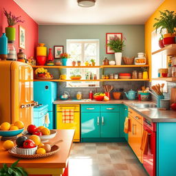 A vibrant and colorful kitchen scene featuring a diverse palette of colors including bright reds, sunny yellows, deep blues, and lush greens