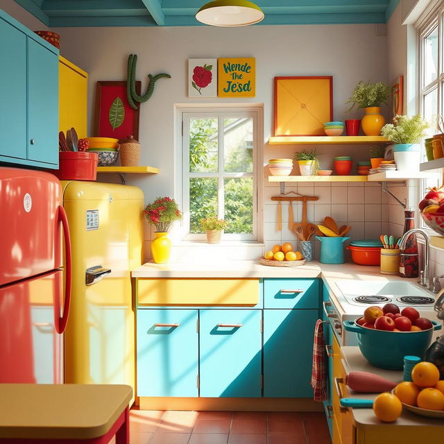 A vibrant and colorful kitchen scene featuring a diverse palette of colors including bright reds, sunny yellows, deep blues, and lush greens