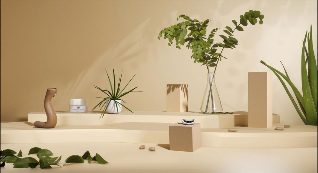 A stylish, minimalist product display featuring a variety of health supplements