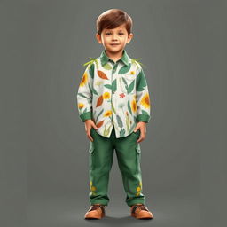 Design for a boy's clothing model themed around plants/flora for a school fashion show