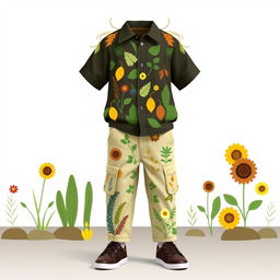 Design for a boy's clothing model themed around plants/flora for a school fashion show