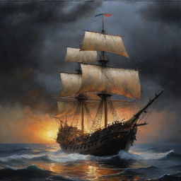 Una pintura al óleo, hacer un galeón Español de madera altamente detallado, con sus filas de cañones en los laterales, con varias velas desplegadas en un mar picado, tormentoso y dramático, con cielo nocturno y lluviosos, con rayos, relámpagos