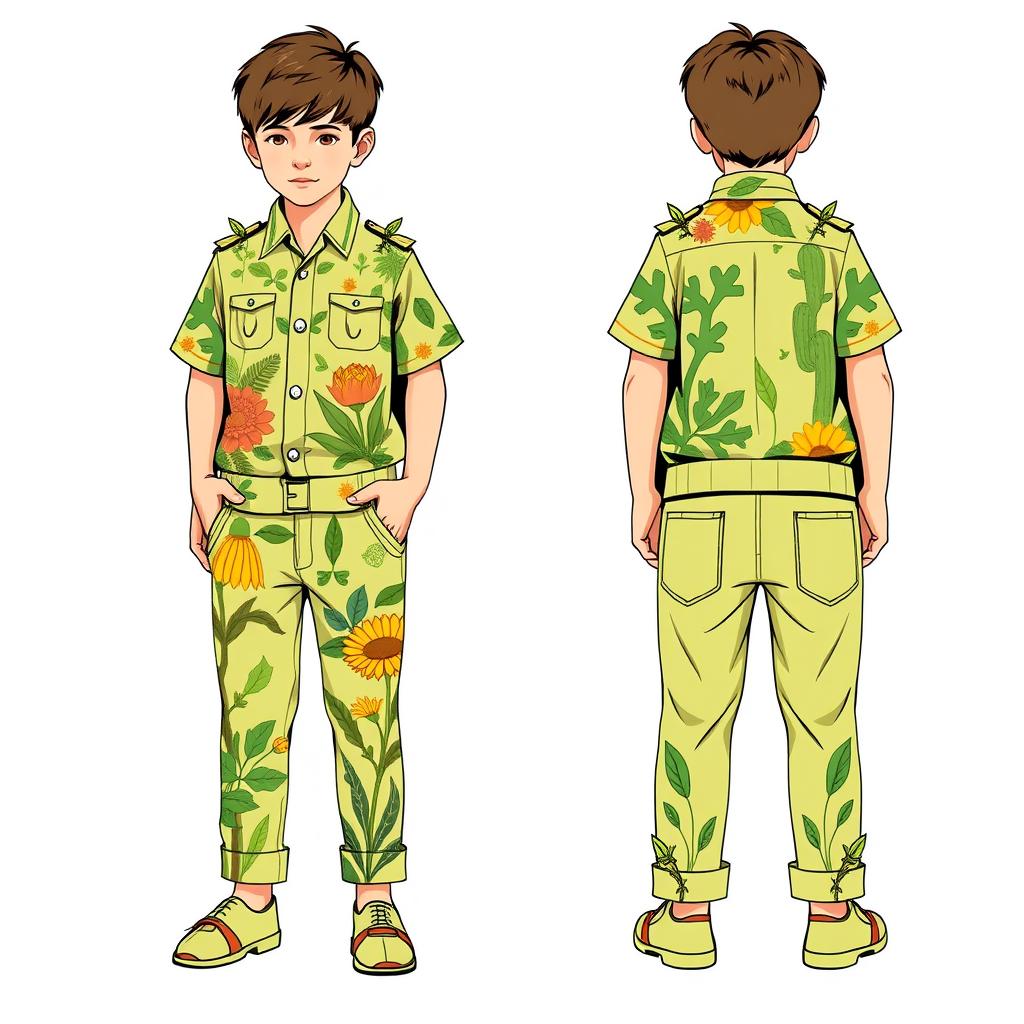 Design for a boy's clothing model themed around plants/flora for a school fashion show