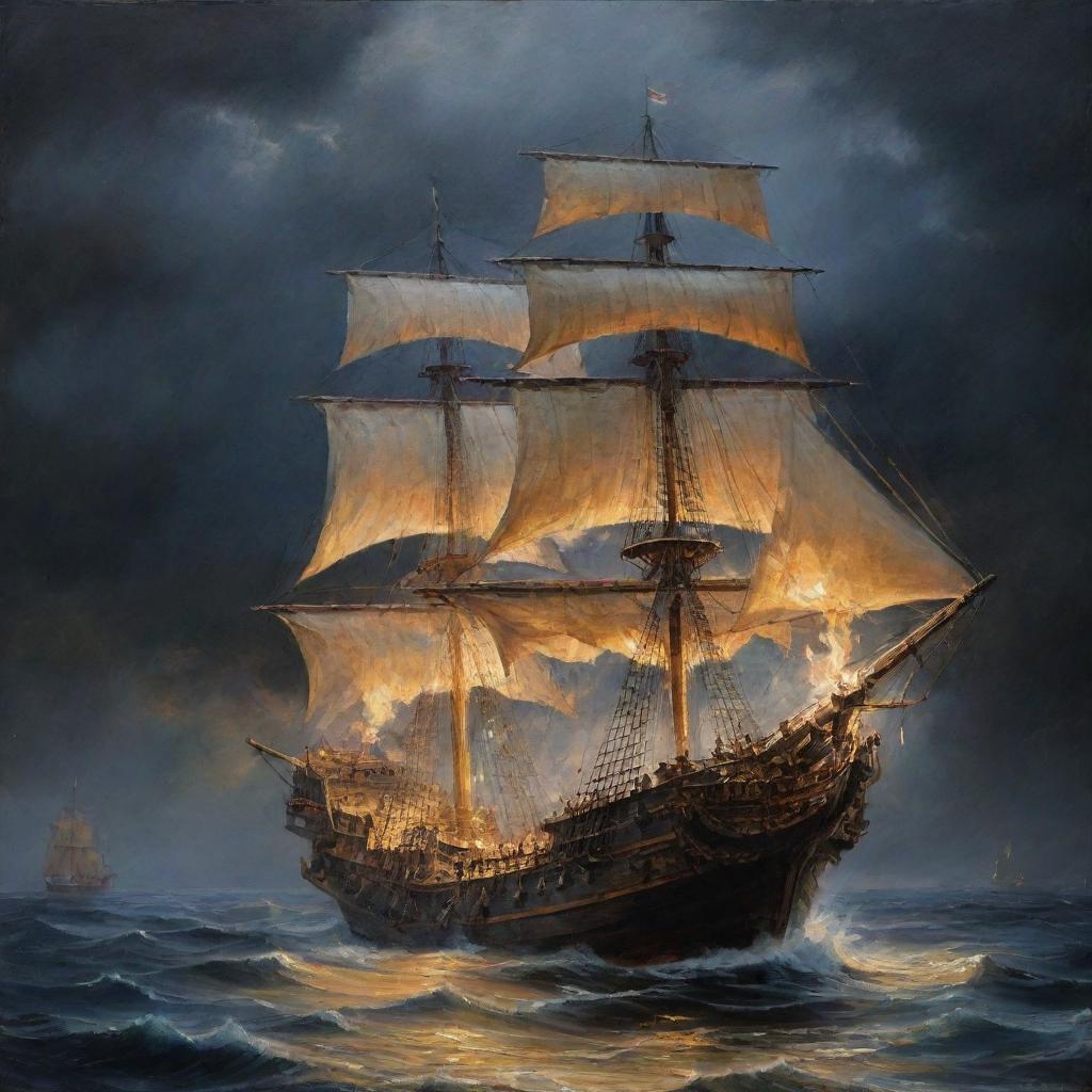 Una pintura al óleo, hacer un galeón Español de madera altamente detallado, con sus filas de cañones en los laterales, con varias velas desplegadas en un mar picado, tormentoso y dramático, con cielo nocturno y lluviosos, con rayos, relámpagos