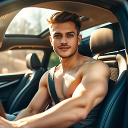 A handsome young CEO of Central Asian descent with fair skin and a muscular build, casually seated in the driver's seat of a luxurious car