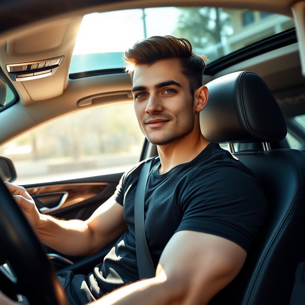 A handsome young CEO of Central Asian descent with fair skin and a muscular build, casually seated in the driver's seat of a luxurious car