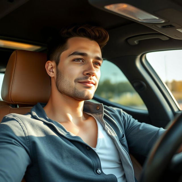 A handsome young CEO of Central Asian descent with fair skin and a muscular build, casually seated in the driver's seat of a luxurious car