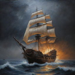 Una pintura al óleo, hacer un galeón Español de madera altamente detallado, con sus filas de cañones en los laterales, con varias velas desplegadas en un mar picado, tormentoso y dramático, con cielo nocturno y lluviosos, con rayos, relámpagos