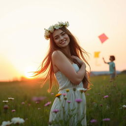 A serene and artistic outdoor scene focusing on a woman embracing nature