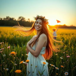 A serene and artistic outdoor scene focusing on a woman embracing nature
