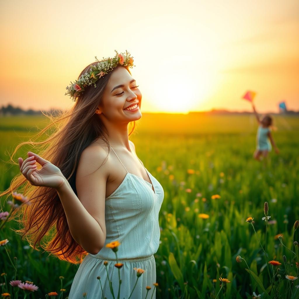 A serene and artistic outdoor scene focusing on a woman embracing nature