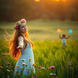 A serene and artistic outdoor scene focusing on a woman embracing nature