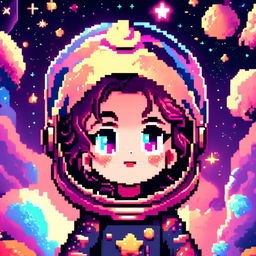 Pixel art profile picture featuring a cosmic space scene with a star-studded backdrop, vibrant nebula, and detailed planet.