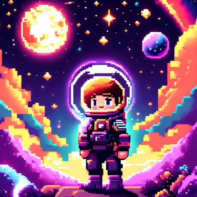 Pixel art profile picture featuring a cosmic space scene with a star-studded backdrop, vibrant nebula, and detailed planet.